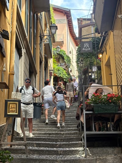 The image depicts a narrow, stone-paved staircase in a European city, possibly Italy. The buildings lining the staircase are tall and narrow, with yellow and pale pink facades adorned with green shutters and balconies. Lush green vines cascade down some of the buildings, creating a vibrant contrast with the architecture. Several people are visible on the stairs, some walking up and others standing.
In the foreground, a man wearing a white short-sleeved shirt, white shorts, sunglasses, and a baseball cap stands on the left side of the stairs, facing slightly away from the camera. He has a backpack on. Next to him, an easel holds a framed artwork with a dark frame and a small, detailed image inside. A sign with handwritten text is attached to the easel.
Further up the stairs, a group of people are ascending. One person in the center is wearing a white t-shirt and grey shorts, while another, to their left, wears a white t-shirt and light blue shorts. A woman with dark hair is walking up behind them, wearing denim shorts and a black top.
To the right of the staircase, a metal structure with a table and chairs is set up, possibly a seating area for a cafe or restaurant. A person wearing a large white sun hat is seated at the table, with their head tilted back. A planter filled with red flowers sits on the railing of this seating area.
A sign with the word "Ferrario" and a stylized logo hangs from the side of a building, adorned with more greenery. Street lamps are visible on some of the buildings. The overall atmosphere suggests a charming, sun-drenched European street scene.