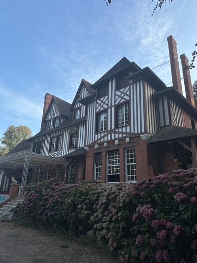 The image depicts a large, multi-story half-timbered house with red brick foundations, located in Saint-Vaast-du-Val, France. The house features dark brown beams with white infill on its upper levels and a dark, steeply pitched roof. Several prominent red brick chimneys rise from the roofline. In front of the house, a dense hedge of blooming hydrangeas in shades of pink and purple stretches across the foreground. To the left of the house, a white canopy structure with metal supports is visible, leading up a set of stone stairs. A small white statue of a dog sits on a brick pillar to the left of the stairs. The sky above is blue with scattered white clouds. The overall impression is of a grand, well-maintained property surrounded by lush vegetation.