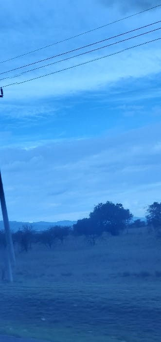 The scene, located in Mua ward, Kenya, presents a rural outdoor landscape characterized by a predominant blue tint across the entire image. The upper section features a partly cloudy sky, displaying varying shades of blue with scattered white and grey cloud formations. Three parallel overhead power lines, dark against the sky, extend horizontally from the upper left quadrant. A utility pole, dark and partially visible, anchors these lines on the far left edge of the frame. The middle and lower portions of the image show an expanse of dry, light green and brown scrubland or grass. Scattered trees with dark, dense canopies are visible across this terrain. In the distant background, faint outlines of undulating hills or mountains are present along the horizon. No individuals, animals, or man-made structures beyond the power lines and pole are discernable. No actions or interactions are depicted.