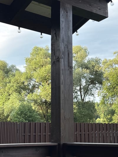 The image shows a dark wooden pillar supporting a dark wooden roof overhang. Two small, clear globe string lights are visible hanging from the roof. In the background, a dark brown corrugated metal fence runs horizontally. Behind the fence is a dense wall of green trees, with the sky visible above them. The scene is outdoors, with the lighting suggesting it is daytime with overcast skies. The location is identified as Gavshino, Russia. There are no people or animals present in the image.