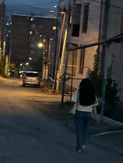 Here is a detailed description of the image:

The image depicts a street scene in Arinj, Armenia at night. A person with long, dark hair is walking down the sidewalk on the right side of the frame. They are wearing a light-colored shirt and dark pants. A silver car is parked on the street. Buildings line the left side of the street. Street lights illuminate the scene, casting light on the buildings, road, and person. Power lines and poles are visible. The overall environment appears residential and urban.