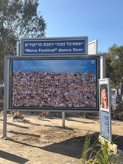 The image displays an outdoor memorial site under a clear blue sky, situated within the Eshkol Regional Council, Israel. A prominent structure features two signs mounted on grey metal poles. The upper sign has a blue background with white text, reading in both Hebrew and English: '“Nova Festival” dance floor'. Below it, a large rectangular billboard showcases a dense collage of hundreds of individual portrait photographs of young adults. This billboard has a light blue background, a red heart icon in the top-left, and Hebrew text, including '7 באוקטובר 2023' (October 7, 2023) and a memorial message, alongside a photographer's credit. To the right, a narrower vertical sign presents a portrait of a young woman with closed eyes, positioned above extensive Hebrew text which likely serves as an individual eulogy. The ground is barren, light brown earth, sparsely covered with small green plants. Numerous small, low-lying mounds consistent with memorial markers or temporary graves, adorned with fresh and artificial flowers, small stones, and occasional candles, are scattered across the foreground and mid-ground. Green trees are visible in the background and to the left. Long shadows are cast across the ground, indicating bright daylight.