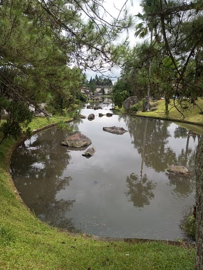 A still, dark pond dominates the view, reflecting the cloudy sky and surrounding trees. Large rocks are scattered throughout the water. The pond is bordered by lush green grass and various trees, including pine trees, that frame the image. In the distance, a cluster of buildings with distinctive peaked roofs and small gazebo-like structures are visible.