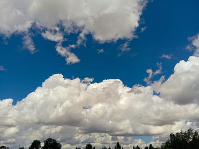 The image depicts a vibrant blue sky filled with fluffy, white cumulus clouds. The clouds are dense and voluminous, with some displaying darker, shadowed undersides, suggesting a dynamic weather system. In the lower portion of the frame, a dark, silhouetted line of trees forms the horizon. A few distant birds are visible in the upper left quadrant of the sky. The scene appears to be an outdoor landscape, likely in a rural or semi-rural area. The location in Qobda, Kazakhstan is not discernible from the visual information provided.