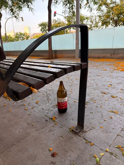 The image shows a bench in an outdoor urban setting, likely in Castelló de la Plana, Spain. The bench is made of dark wood slats and a dark metal frame, with one side angled upwards. The wood appears wet, and there are scattered orange petals and leaves on the bench and the paved ground surrounding it. To the right of the bench, a partially empty brown glass bottle of Amstel Cerveza is standing upright on the ground. The bottle has a red and white label. In the background, there is a light blue wall, trees, a traffic light showing red, a street lamp, and some distant buildings. The overall scene suggests a public space that has recently been affected by falling blossoms. There are no people or animals visible in the image.