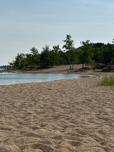 A wide shot of a sandy beach on a clear day. In the foreground, the sand is textured with ripples. The midground shows the edge of a calm body of water, with a sandy shore on the other side. A line of trees, some appearing to be birch, with sparse foliage, grows along the edge of the sand and rocks. In the far distance, a faint outline of hills can be seen under a pale blue sky. Some colorful objects, possibly towels or mats, are visible on the sand near the water's edge to the right. The scene is devoid of people. This appears to be a natural setting within the city of Ayyrtau, Kazakhstan, likely a recreational area along a lake or river.