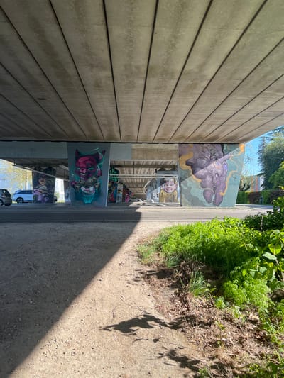 The image displays a sunlit underpass or passageway, likely located in Weert, Netherlands, distinguished by extensive street art. On the left, a tall, light beige concrete wall extends horizontally, featuring prominent parallel grooves and signs of weathering. On the right, a gravel path is partly illuminated by direct sunlight, casting sharp shadows, and runs alongside a grassy embankment densely covered with green foliage and some dry brush.
The underpass structure features several large, colorful murals painted on its supporting pillars or surfaces. Visible artworks include an abstract purple and gold creature with swirling patterns against a light blue-green background, a cheerful portrait of a grinning child with round glasses, and a vibrant, stylized pink creature with sharp teeth and smoke or vapor emitting from its mouth, set against a grey background. Further down the underpass, additional artwork, possibly painted on vertically displayed skateboards, can be seen. Beyond the underpass, in the distance, trees are visible, and parked cars, including a white sedan and a darker vehicle, are discernible. The bright, clear lighting and strong shadows suggest a sunny day, likely morning or afternoon. No specific activity is occurring, and no discernible text is visible within the frame.