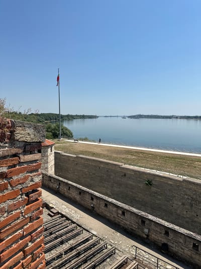 This is an outdoor, eye-level, vertical shot of Baba Vida Fortress in Vidin, Bulgaria. The foreground features a weathered brick wall on the left, with wooden benches arranged in rows on a stone ground to the right. Beyond these elements, a light-colored stone wall runs horizontally across the image, followed by a grassy area with a paved walkway. The walkway runs along a wide, calm river, which dominates the middle ground and background. Trees line the far bank of the river, and a distant cityscape with bridges is visible on the horizon. A flagpole with a tri-colored flag is positioned on the left side of the walkway. A lone person is walking on the walkway near the riverbank, accompanied by a dog. The sky is clear and blue.