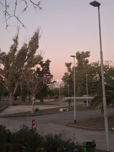 The image depicts a park scene at dusk in Villa Domínico, Argentina. The sky is a pale pink. There are several tall trees, some with sparse foliage. Several lampposts line the pathway. Two people are walking in the distance. A green garbage can is visible in the foreground, next to a sign on a red post. A walkway runs through the park.