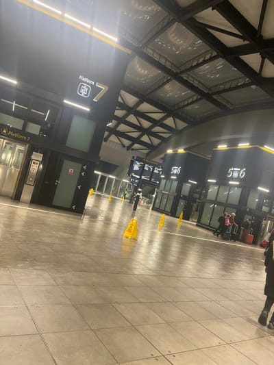 This image depicts a modern, well-lit train station concourse, likely in Horley, United Kingdom, given the provided context. The perspective is slightly elevated, looking across a spacious area with a light-tiled floor and a dark, industrial-style ceiling with exposed beams and translucent panels. The scene is dominated by artificial lighting, suggesting it could be evening or night.
Several people are visible throughout the station. In the upper right, a person in dark attire is walking away. Further into the scene, a small group, possibly a family, stands with a stroller and multiple pieces of luggage near glass doors, indicating they are waiting or preparing to board. Other individuals are scattered around, some near large digital information screens that display train schedules and platform details.
Prominent features include multiple large signs designating "Platform 7" and "Platform 5 & 6," with the number "506" also visible on a sign above the latter. There is an elevator or lift entrance clearly marked "Platform 7" as well. Several bright yellow "CAUTION WET FLOOR" signs, complete with a graphic of a person slipping, are placed on the floor, suggesting recent cleaning activity or a spill. The station's architecture is characterized by dark structural elements, large glass doors, and bright linear light fixtures. No strong emotions are discernible from the individuals present; they appear to be engaged in typical traveler activities within a transport hub.
