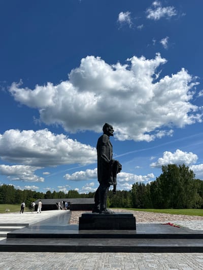 The image shows the Khatyn Memorial Complex in the village of Khatyn, located in the Kamenski Sel'ski Sovet, Belarus. In the foreground, a dark granite statue of a man holding a child stands on a multi-tiered black granite pedestal. The statue is positioned to the right of the frame, with its left side facing the viewer. Behind the statue, a pathway of polished black granite leads towards a darker, more imposing structure with angular architecture. Several people are walking on this pathway, some towards the structure, while others are walking away from it.
The environment consists of a paved area with stone and granite, surrounded by manicured green grass and a dense forest of green trees in the background. The sky is a vibrant blue, dotted with large, fluffy white clouds, some of which are casting shadows on the ground. A small cluster of red flowers is laid on the granite platform near the base of the statue. The overall scene conveys a somber and reflective atmosphere, characteristic of a war memorial.