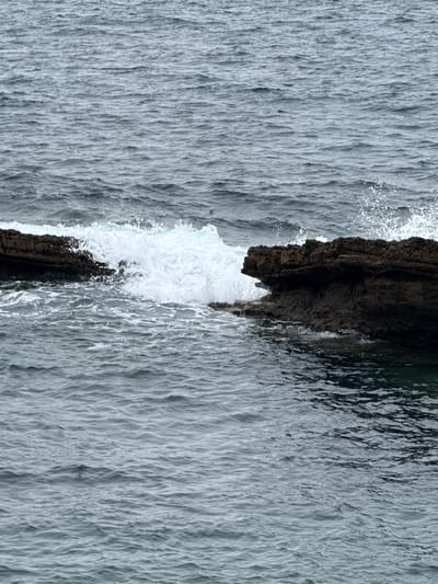 The image shows a segment of the choppy, grey sea with dark, rocky outcrops in the foreground. A wave crashes against the rocks, creating white foam and spray. The overall scene suggests a rugged coastal environment. This could be any of the rocky areas along the coastline of Santander, Spain, such as those found near the Cabo Mayor lighthouse or in the vicinity of the Sardinero beaches, where similar rock formations are prevalent against the Cantabrian Sea.