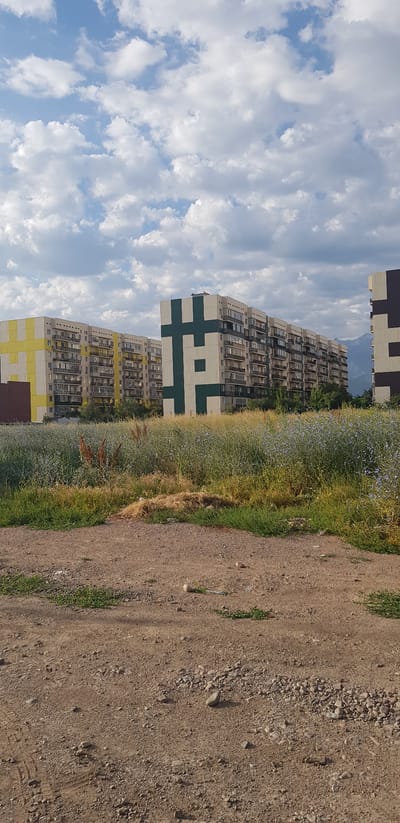 In the village of Irgeli, within the Irgeli rural district of Kazakhstan, an outdoor scene unfolds under a partly cloudy sky. In the background, a series of elongated, multi-story apartment buildings are visible. The buildings are characterized by their light-colored facades, punctuated by numerous balconies and windows. Two of the buildings stand out with large, geometric patterns: one features a prominent yellow and white design, while another is adorned with a striking green and white cross-like emblem. To the far right, a portion of another building with a dark brown and white pattern is visible, and in the distance, the faint outline of mountains can be seen. In the mid-ground, a dense field of tall, dry grass and scattered blue wildflowers grows, suggesting a somewhat unkempt or naturalized landscape. The foreground consists of a dirt and gravel area, showing signs of wear and tear, with scattered pebbles and small patches of green vegetation. The overall impression is one of a residential area with surrounding natural or semi-wild open space. There are no people or animals depicted in the image.