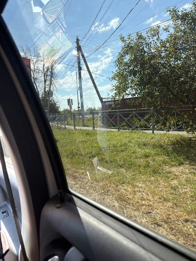 The image, taken from inside a vehicle, shows a view through the car window of a street scene. In the foreground, the interior of the car's door and window frame are visible. Outside, a sidewalk runs parallel to a grassy area. Beyond the sidewalk, a decorative metal fence with a diamond pattern separates the sidewalk from a brick wall or fence. A large tree with green foliage is prominent on the right side of the image, with its branches extending over the fence. Overhead, a clear blue sky with scattered white clouds is visible, crisscrossed by numerous power lines supported by wooden utility poles. A traffic light with a red illuminated signal is visible in the distance on the left. The overall environment appears to be a residential or suburban area on a sunny day. The text visible on the brick wall reads "ул. 50 лет Октября," which translates to "50 Years of October Street," indicating the location as Timashevsk, Russia.