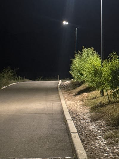 This is a nighttime photograph of a paved pathway bordered by a concrete curb on the left and a ditch filled with wood chips and dry vegetation on the right. There are two lampposts visible; one closer to the viewer emits a bright light that illuminates the pathway and the surrounding vegetation, while another further down the path is less distinct. Green bushes and trees line the right side of the path, casting shadows. In the background, a dark sky is present, with a fence and some low-lying vegetation visible in the distance, suggesting a park or a trail. There are no people or animals in the image. The scene appears to be an outdoor pathway in a park or recreational area, possibly in the city of Uchterek, Uzbekistan.