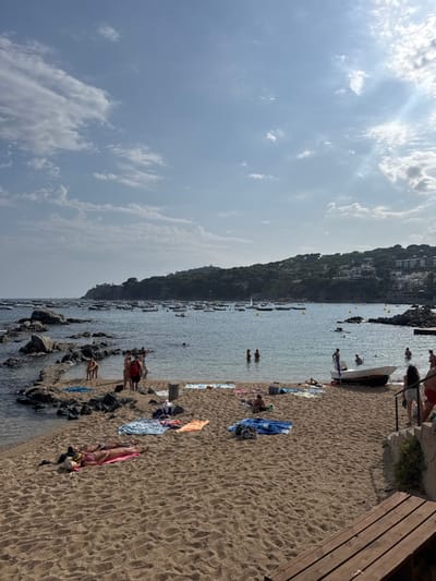 The image presents a daytime scene at a coastal bay, identified as a beach in Palafrugell, Spain. The foreground is a sandy beach with a texture indicating recent foot traffic. In the lower-left, two individuals lie prone on a pink and a blue towel, appearing to sunbathe. Scattered across the sand are several other colorful towels (blue, orange, patterned blue, green), some with individuals lying or sitting on them. A group of approximately five to seven individuals stands near the water's edge on the left, adjacent to a low, dark rock and concrete formation extending into the water. One person in this group wears a red backpack. On the right side of the beach, a small, white, flat-bottomed boat is pulled onto the sand near the waterline. Stairs constructed from stone and concrete descend to the beach on the far right, with a wooden bench partially visible in the bottom right corner.
The mid-ground features a calm body of blue-green ocean water. Numerous people are present in the water, some swimming, others wading or standing. Two individuals are visible standing waist-deep in the water towards the center-right. The bay is populated by dozens of anchored boats, primarily small white recreational or fishing vessels, with some yellow buoys also floating on the surface. Further out, a small sailboat is discernible.
The background consists of a prominent, tree-covered hillside or mountainous landmass. White structures, identifiable as houses or villas, are visible intermittently among the trees on the slopes. The sky above is light blue with scattered white stratocumulus clouds, particularly dense on the left and upper right. A bright light source, presumably the sun, is positioned in the upper right, casting visible rays and creating some glare on the water.