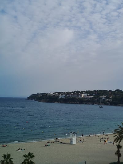 This is a medium-angle, eye-level shot of a sunny day at a beach in Calvià, Spain. The scene is divided into three main parts: the sky, the sea, and the beach.
The sky is filled with scattered, fluffy white clouds against a pale blue background. The sea is a deep blue, with gentle waves lapping at the shore. A few yellow buoys are visible in the water, marking a swimming area. Several sailboats are anchored or cruising in the distance, and a small red object, possibly a buoy or inflatable, floats on the water. On the left side of the sea, a few people are riding on what appear to be jet skis.
The sandy beach is populated by a moderate number of people. Some are lounging on towels, while others are walking or standing. A few individuals are in the shallow water near the shore. On the beach, there is a white lifeguard station with a slatted roof. Palm trees are visible in the foreground and on the right side of the frame, suggesting a warm, tropical or Mediterranean climate.
The overall atmosphere appears relaxed and pleasant, indicative of a vacation or leisure day. The lighting suggests it is daytime, likely late morning or early afternoon, given the bright conditions. There is no visible text in the image. The location is identified as Calvià, Spain, a popular tourist destination known for its beaches.