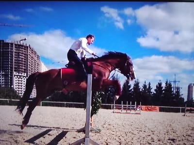 This image depicts a horseback rider mid-jump over an obstacle in an equestrian arena. The rider, wearing a white long-sleeved shirt and dark pants, is crouched low on the horse, with their body angled forward to maintain balance. The horse, a bay with a dark mane and tail, is captured at the apex of its jump, its legs tucked beneath it. A red saddle blanket is visible beneath the rider.
The setting is an outdoor sand arena, evident from the granular surface and the shadows cast on the ground. In the background, a multi-story building under construction, with visible scaffolding and cranes, dominates the left side of the frame. Further behind, a line of dark green trees forms a backdrop, and a tall, cylindrical structure, possibly a silo or tower, is visible on the far right. Several jumps and fences are also present in the arena, suggesting a competition or training session.
The sky is a vibrant blue, dotted with fluffy white clouds, indicating a clear and sunny day, likely in the afternoon given the angle of the shadows. The overall mood appears dynamic and athletic, focusing on the power and grace of the horse and rider in motion. No discernible text is visible in the image. The location context is Klichaw, Belarus.