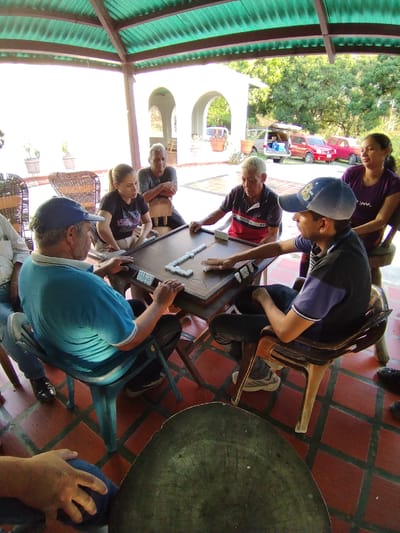 A group of seven people are gathered around a dark wooden table playing dominoes under a covered outdoor area in Los Leoncitos, Venezuela. Four players are seated around the table, engaged in the game. One player wearing a blue baseball cap is about to place a domino. The other three are a woman in a black t-shirt, a man wearing a nautica shirt and another man wearing a blue t-shirt and a baseball cap. Three people are standing behind the seated players. A paved area with a reddish-brown and dark-green checkered pattern surrounds the table. Beyond the covered area is a building with arched openings, and further out, trees and several vehicles are visible.
