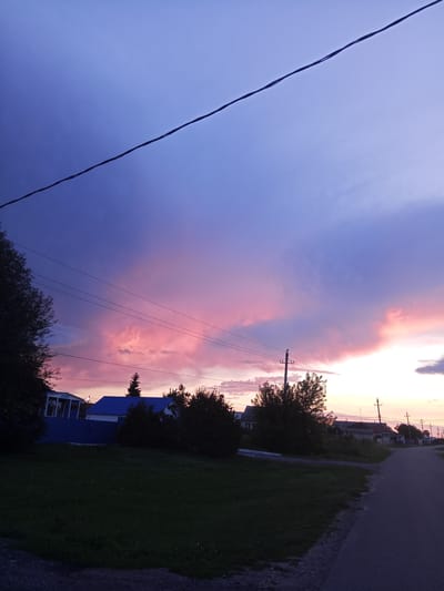 The image depicts a dusky sky over a residential area, likely in Panino, Russia, given the context. The sky is a dramatic gradient of deep blue and purple near the top, transitioning to vibrant pink and orange hues from the setting sun. Wispy clouds are illuminated by the fading light, creating a painterly effect.
In the foreground, a dark green grassy lawn occupies the left side, leading to a paved road on the right. Several houses, characterized by their blue roofs, are visible behind a fence and dark green trees. Power lines crisscross the scene, supported by wooden utility poles. The overall atmosphere is tranquil and serene, suggesting the end of a day. There are no people or animals present in the frame.