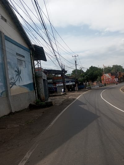 The scene depicts a daylight view of a street in Chhenangri_Rishor, Bhutan, under a cloudy sky. An asphalt road, marked with a white edge line, curves right and extends into the distance. Shadows of overhead infrastructure are cast onto the road surface.
To the left, a light blue two-story building features a mural on its lower facade depicting a beach with palm trees, sand, and ocean waves. Above the mural, the building's upper section is white, with horizontal rectangular vents or windows. A dense, tangled network of black utility wires crisscrosses the upper frame, connecting to poles and structures.
Adjacent to this building, a dirt and uneven ground area transitions to a more defined pedestrian path. A concrete structure with illegible graffiti or markings, featuring exposed rebar or support beams, stands near the corner. Behind this, a series of mixed commercial and residential structures line the road, characterized by varied construction materials including corrugated metal roofs and visible signage. Some structures appear to be undergoing construction or renovation.
Further down the curved road on the right, a reddish-brown building with faded markings is visible. Trees with green foliage are present throughout the background. Multiple utility poles are interspersed along the street. In the far distance on the road, a single two-wheeled vehicle, likely a motorcycle or scooter, is observable. An ornate white pole, possibly a streetlight, stands on the right side of the road before the curve.