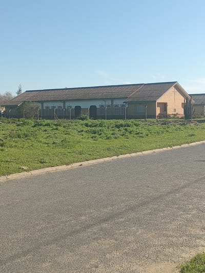 The image shows a building with a brick facade and a corrugated roof, set against a clear blue sky. The building appears to be a church or similar institution, with a cross visible on the right-hand side. A fence runs along the front of the building, separating it from a patch of overgrown grass. In the foreground, a paved road with a concrete curb is visible. The scene is set in a rural or semi-rural area, likely within the Witzenberg Local Municipality in South Africa, given the vegetation and architectural style. No people are visible in the image.