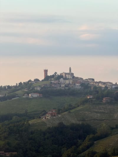 The image shows a panoramic view of Santo Stefano Belbo, a town in Piedmont, Italy, known for its Moscato wine. The foreground and midground are filled with vine-covered hillsides, indicating the importance of viticulture in the area. Scattered houses and buildings are nestled amongst the vineyards, reflecting the integration of human habitation with the agricultural landscape. In the center, the town's buildings are clustered together, including identifiable structures such as a church with a steeple and a brick tower, likely landmarks of the town. The background features a pale sky. The image captures the essence of a rural Italian town known for its wine production.