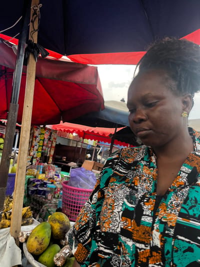 A woman with a patterned shirt is partially visible in the upper portion of the image. An assortment of fruits, including mangoes and bananas, is present on a wooden plank, alongside packaged goods. Red and blue awnings provide shade. A pink basket is visible, partially obscuring the products. The overall scene appears to be a market stall setting.