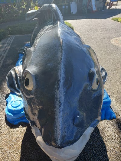 This is an eye-level, close-up shot of a dark gray, stylized fish sculpture with a light gray underside, positioned on a cobblestone ground. The sculpture is resting on blue, wave-like forms. The fish has two prominent, wide, light yellow eyes with dark pupils and a slightly open mouth. The sculpture is outdoors, with a blurred background showing foliage, a patterned walkway, and hints of buildings or stalls, suggesting it's in a public area. The lighting indicates it is daytime, with strong shadows cast by the sculpture. This sculpture is located at the Bali Butterfly Park in Baturiti, Indonesia, a popular tourist destination.