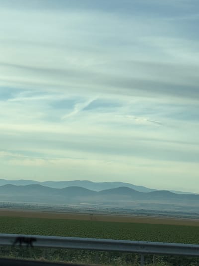 This is a photograph of a rural landscape taken from a moving vehicle. The image is oriented vertically, with the sky dominating the left half and the ground on the right. Wispy, light-colored clouds stretch across a pale blue sky. In the distance, a range of hazy, blue-toned mountains forms the horizon. Below the mountains, a patchwork of fields is visible, with a large area of bright green crops in the foreground on the right. A dark, metallic guardrail runs along the right edge of the frame, obscuring part of the fields and the very edge of the sky. A small, dark silhouette, possibly a person or an animal, is visible clinging to the guardrail. The overall impression is one of a vast, open landscape under a bright, possibly early morning or late afternoon sky, given the soft light. There is no visible text in the image.