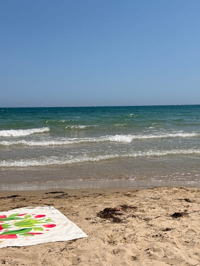 The image depicts a tranquil beach scene on a clear day in Ravda, Bulgaria. The foreground is occupied by sandy beach with a white beach towel spread out, adorned with a colorful print of green leaves and red fruit. Scattered across the sand are strands of dried seaweed. The middle ground shows the gentle lapping of waves on the shore, with the water transitioning from a clear, shallow hue near the beach to a deeper turquoise further out. In the background, the vast expanse of the Black Sea stretches towards the horizon, meeting a pale blue sky. The horizon is marked by a line of buoys. There are no people visible in the image. The overall impression is one of a peaceful, sunny day at the seaside.