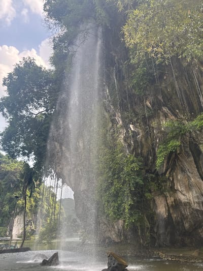 The image displays a tall, narrow waterfall cascading from a limestone karst formation into a pond, specifically located at Sam Poh Tong Temple in Ipoh, Malaysia. The rock face is prominently dark gray and brown, extensively covered with green foliage, moss, and numerous long, thin hanging vines. Above and to the left, dense tropical trees with broad canopies are visible. A natural archway or opening in the rock behind the waterfall reveals distant forested limestone hills under a partially cloudy sky. At the base of the waterfall, several dark rocks are partially submerged in the pond, where the water's impact creates substantial spray. Along the left edge of the pond, a metal light pole stands near a palm tree, and the partial outlines of parked boats are visible at a small dock next to a low, stone-lined embankment. No individuals are present in the scene.