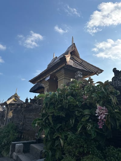 The image captures a view of a temple compound in Bangli, Indonesia, under a bright blue sky with scattered white clouds. In the foreground, lush green foliage with delicate pink flowers obscures part of the scene. Behind the vegetation, a stone wall, characteristic of Balinese architecture, forms a boundary. Beyond the wall, traditional temple structures with tiered, thatched roofs rise against the sky. The main structure features intricate bamboo detailing on its roof and a carved stone ornament at its apex. In the distance, another similar temple structure is visible, suggesting a larger temple complex. The lighting suggests it is daytime, possibly morning or late afternoon, given the angle of the sun.