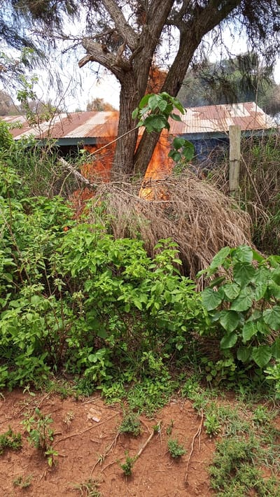 In Ndeiya, Kenya, an active fire is depicted, originating from a substantial accumulation of dry brush positioned between a large, multi-trunked tree and a single-story building. The building features a rusted corrugated metal roof and blue-painted walls, partially obscured by the tree and surrounding vegetation. The foreground consists of reddish-brown, cracked soil with sparse green vegetation. Denser green foliage and a wooden fence post are present in the midground. No individuals are visible within the frame. The fire produces visible orange and yellow flames.