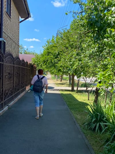 A person is walking away from the camera on a paved sidewalk. They are wearing a pink t-shirt, blue denim shorts, and light-colored sandals. A black backpack is on their back, and they are carrying a light blue bag in their left hand. The sidewalk is next to a tall, brown brick fence with decorative metalwork on top. To the right of the sidewalk, there is a grassy area with several trees and some bushes. The trees are leafy and green, and the sky above is bright blue with a few scattered white clouds. The overall scene suggests a sunny day in a suburban or semi-rural area.