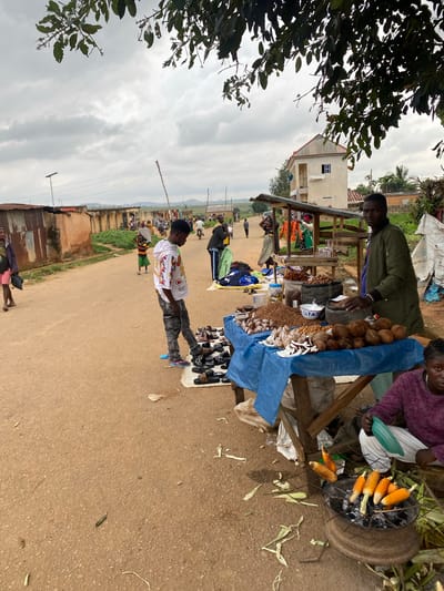 This media file captures an active outdoor market scene in Riyom, Nigeria, under an overcast sky during daytime. The image is oriented vertically (as if rotated 90 degrees clockwise from its original capture).

In the foreground, a man in a dark green long-sleeved shirt stands behind a wooden stall, looking towards the camera. His stall is laden with various goods, including a pile of coconuts, several bags of nuts or seeds, and other packaged items. A blue tarp partially covers the stall's surface. To the right of this man, another person, wearing a purple top and white lower garment, is seated next to a charcoal grill where several ears of corn are being roasted. Corn husks are scattered on the brown, unpaved ground nearby.

Further into the mid-ground, a young male in a white t-shirt with colorful designs and dark jeans stands beside another display of numerous slippers and sandals laid out on a white surface, suggesting a footwear stall. Other individuals are visible in the background, walking along the dusty road or tending to their own stalls, indicating a bustling marketplace.

The setting includes simple buildings with reddish roofs in the background, framed by lush green tree foliage on the left. Utility poles are visible extending into the distance under the cloudy sky. The ground consists of a light brown, possibly unpaved, road surface. The word "STATE" is partially visible on a white container on the primary food stall. The overall atmosphere suggests a typical day of commerce in a local community.
