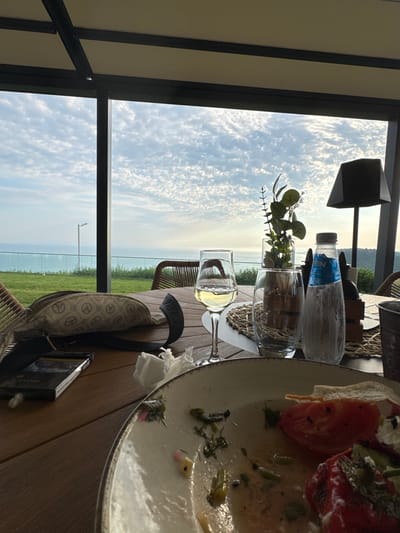 The image depicts a table setting at an outdoor restaurant overlooking a body of water and a grassy landscape. The perspective is from a low angle, looking up and to the right.
The table, made of wood, holds several objects. In the foreground, a partially eaten meal is on a plate. The meal appears to consist of red ingredients, possibly tomatoes, with some sauce and greenery. To the left of the plate, a wine glass containing a pale yellow liquid, likely white wine, is visible. Further left, there are two decorative glass containers: one holds a small plant with green leaves, and the other contains what appear to be wooden skewers or sticks. Behind these, a frosted water bottle with a blue label is placed on a woven placemat. A dark-colored purse or bag with a repeating pattern of interlocking circles and a strap is also on the table, positioned in the lower left quadrant of the image. A crumpled white napkin is near the plate.
Behind the table, a large window or glass partition offers a view of the outdoors. The sky is filled with dramatic, wispy white clouds against a bright blue backdrop, suggesting it is daytime, likely mid-morning or afternoon. Beyond the immediate greenery, a calm body of water is visible, with a distant shoreline or landmass. The overall atmosphere seems serene and possibly relaxed, with the meal and drinks suggesting a dining experience. The outdoor setting with the view hints at a pleasant day. There is a black lampshade visible in the upper left part of the image. A light pole is visible in the distance.
No people are visible in the image. The activity taking place is a meal being consumed or having recently been consumed, at a scenic location.
A portion of text is visible on a book or magazine placed on the table near the purse. The visible text reads "SZAKANIE".