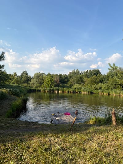 The image depicts a serene waterside scene. In the water, a person is swimming, with a pink inflatable ring floating nearby on a wooden dock. The dock, partially submerged, extends into the calm, reflective water. Lush green trees line the opposite bank, creating a dense forest backdrop that mirrors in the water. The sky above is a vibrant blue, dotted with fluffy white clouds, suggesting a pleasant day. The sun appears to be casting a warm light, indicated by the shadows and the golden hue on the grassy bank in the foreground, suggesting it is either late afternoon or early morning. The overall atmosphere is peaceful and idyllic. There is no visible text in the image. The location is identified as Kamianka-Buzka, Ukraine.