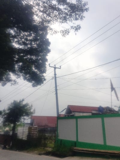 The image displays an outdoor scene in Dakshin Hichachhara, India, under an overcast sky. A dark grey utility pole stands centrally, supporting multiple black electrical or communication wires that crisscross the sky. To the upper left, a dense canopy of dark green tree foliage partially obscures a bright area, likely the sun. A smaller, dark green tree is visible in the mid-left background.
The foreground shows a dark road surface on the left, transitioning to a lighter dirt area on the right, bordered by low green vegetation. A low boundary wall, green at the base and white with paneling above, extends horizontally across the right side of the mid-ground. Behind this wall, two buildings with reddish-orange tiled roofs are visible. On the roof of the more prominent building, a blue cylindrical water tank is present, and a single individual, appearing as a dark silhouette, is positioned near it. To the far right, a flagpole with a dark, indistinct flag extends upwards. To the left of the prominent wall, a light-colored wooden slatted fence is visible. Stacked light-colored cylindrical objects, possibly bamboo or logs, lie horizontally at the base of the white and green wall on the far right.