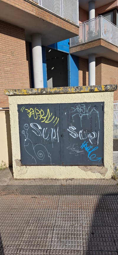 The image shows a section of an apartment building's facade in Huesca, Spain. The lower portion features a light-colored, textured wall topped with a yellow-painted, weathered concrete ledge. This ledge runs across the top of two dark gray metal doors, which are covered in graffiti. The graffiti includes a white drawing of a snail on the left door, and white and blue spray paint tags on both doors. Above the yellow ledge, a brick wall is visible, with the number "30" in gold paint. Further up, the building has white cylindrical columns supporting balconies with white metal railings. The ground in front of the metal doors is a gray, textured pavement.