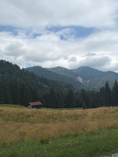 This image depicts a rustic wooden cabin with a dark brown roof situated on a gently sloping meadow covered in tall, dry grass. Behind the meadow, a dense forest of evergreen trees climbs up a mountainside. Further in the distance, layered mountain ranges rise, with some peaks partially obscured by clouds. The sky above is a mix of white and gray clouds with patches of blue visible. The scene appears to be a remote, natural landscape, likely in a mountainous region. The provided location of Lateis/Latais, Italy, suggests this cabin is situated in the Italian Alps. There are no people or animals visible in the image.