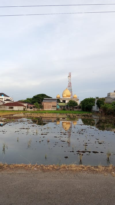 This image depicts a serene rural landscape in Geulangganggampong, Indonesia, likely captured during the early morning or late afternoon due to the soft, diffused light. The scene is dominated by a body of water, possibly a flooded rice paddy, reflecting the sky and surrounding structures. Several young rice plants are visible, emerging from the murky water, hinting at an agricultural setting.
In the mid-ground, a mosque with multiple golden domes stands prominently, its architecture characteristic of Islamic places of worship. Adjacent to the mosque, a tall, red and white telecommunications tower rises into the sky, creating a juxtaposition of religious and technological elements. The reflection of both the mosque and the tower is clearly visible in the water, adding a sense of depth and symmetry to the image.
Behind the mosque and tower, a cluster of buildings, including houses with corrugated iron roofs and more modern structures, are nestled amongst lush green trees, suggesting a small village or community. The sky above is overcast with soft grey and white clouds, indicating a possibility of mild weather. The foreground features a narrow, paved road or pathway bordering the water, with dry grass and soil along its edge. There is no visible text in the image. The overall mood conveyed is one of tranquility and the harmonious coexistence of nature, spirituality, and modern infrastructure.