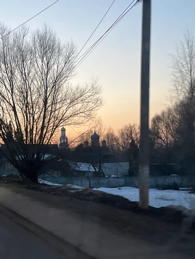 The image presents a twilight scene in Rogachovo, Russia, characterized by a graduated sky transitioning from light blue at the zenith to peach and orange hues near the horizon. In the foreground, a dark, out-of-focus surface, possibly a road or paved area, extends across the bottom left. Adjacent to this, on the right, are patches of residual snow on dark ground. A dark, vertical utility pole occupies the right side of the frame, with multiple power lines extending diagonally across the upper left portion of the sky.
The midground features numerous bare deciduous trees, with a large, multi-trunked tree prominent on the left, partially obscuring the view. Through and beyond these trees, several structures are visible in silhouette. A light-colored bell tower with a distinct domed top is discernible on the left, while further to the right, multiple darker, onion-domed structures characteristic of Russian Orthodox architecture are present. Below these larger edifices, residential buildings with snow-covered roofs and light-colored wooden fences are visible. The entire landscape suggests a late winter or early spring setting. No individuals or discernible actions are depicted.