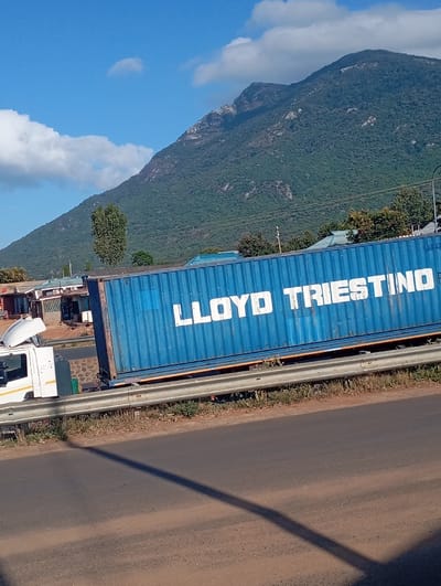 The image captures a daytime scene in what appears to be a semi-urban or rural setting, likely in Namanga, Kenya, given the context. A prominent, verdant mountain, covered in dense green foliage and dotted with rocky outcrops, dominates the background under a clear blue sky with scattered white clouds.
In the midground, a large blue shipping container is visible, mounted on a white truck. The container clearly displays the white text "LLOYD TRIESTINO" across its side. The white cab of the truck, with its hood open, is visible to the left, suggesting it might be stopped or parked, possibly for maintenance or inspection.
In the foreground, a paved road stretches across the bottom of the image, with a metal guardrail separating it from a strip of dry grass and dirt. Shadows are cast on the road, indicating bright sunlight, likely in the mid-morning or early afternoon. Behind the guardrail and truck, some scattered trees and low-rise buildings with light-colored roofs are visible at the base of the mountain. The overall impression is one of cargo transport in a scenic, mountainous region.