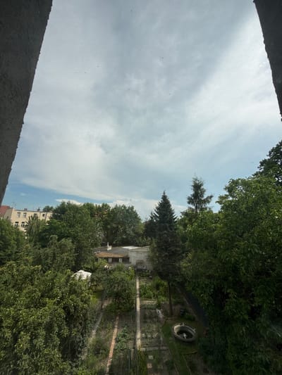 The image shows a view from a window of a building in Legnica, Poland. The view overlooks a backyard with trees, a small garden, and a building. The sky is cloudy. The scene is captured through a window screen, which creates a visible mesh pattern over the entire image. There are no people visible in the image. The architecture of the buildings and the presence of lush greenery suggest a residential area.