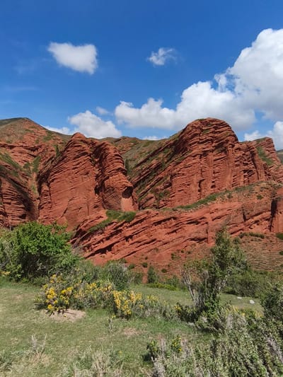 This media file presents a vibrant natural landscape in Jeti-Ögüz, Kyrgyzstan, characterized by striking red rock formations under a bright blue sky.
The scene is dominated by immense, layered red rock mountains and hills, which display clear horizontal stratification, suggesting a sedimentary geological history. These formations exhibit a deep reddish-orange hue, contrasting sharply with the patches of green vegetation and shrubs that grow on their slopes and in the foreground. Some sections of the rock appear eroded into dramatic, rugged shapes, highlighting their textural complexity.
In the immediate foreground, a rich expanse of green grass and diverse shrubs covers the lower ground. Among these, clusters of bright yellow wildflowers add splashes of color. These plants indicate a fertile environment despite the imposing rock formations.
Above the majestic red landscape, the sky is a vivid azure, dotted with fluffy white cumulus clouds. The clouds are scattered and well-defined, suggesting fair and sunny weather conditions. The time of day appears to be mid-morning or early afternoon, with ample sunlight illuminating the entire scene, casting no harsh shadows.
No people, animals, or man-made structures are visible within the frame, emphasizing the raw, untouched beauty of the natural environment. The overall impression is one of awe-inspiring geological grandeur and serene natural beauty. There is no visible text in the image.