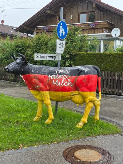 The image depicts a cow statue painted with the German flag (black, red, and yellow stripes) standing on a grassy area next to a street. The cow has text written on its side in white cursive script that appears to say "Die faire Milch," meaning "The fair milk." Behind the cow, a street sign reads "Schorerweg." Above the street sign are two blue traffic signs: one with a pedestrian symbol and another with a bicycle symbol and the word "frei" (free). The scene is set in Kraftisried, Germany, as indicated by the context provided. A wooden house with a balcony adorned with flowers is visible in the background, along with a satellite dish mounted on the house. It is raining lightly, with visible raindrops in the air and on surfaces. A manhole cover is present on the street in the foreground. The overall environment appears to be a residential or semi-rural area.