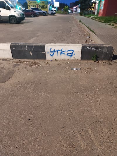 The image shows a street scene at dusk in Shchyolkovo, Russia. In the foreground, a concrete curb painted with black and white stripes runs horizontally across the frame. Blue graffiti spelling "утка" (duck) is visible on the white section of the curb. The black section of the curb has some illegible white graffiti. The ground in front of the curb is paved with asphalt and littered with cigarette butts and debris. In the background, several vehicles are parked on the asphalt. A white van is on the left, and a red car, a silver SUV, and a white van are parked further down the street. Behind the vehicles, a building with a yellow sign featuring Russian text and a phone number is visible. The overall scene suggests an urban environment. The lighting indicates it is either early morning or evening.