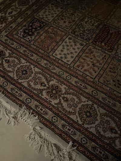 The image shows a close-up, oblique view of a traditional Persian rug with a complex geometric and floral pattern. The rug is predominantly beige, with intricate designs in shades of brown, red, and dark blue. The pattern is divided into rectangular blocks, each containing a unique motif. Along the bottom edge of the rug, white fringe is visible. The rug is situated indoors, on a light-colored, flat surface, possibly a floor or a low table. The lighting suggests it is daytime, but the shadows indicate it may be indoors with limited natural light. There is no indication of the rug's location within the city of Kaipy, Russia.