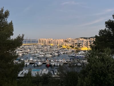 The image depicts a marina in Bormes-les-Mimosas, France, likely during dusk. A dense collection of various boats, including sailboats and motorboats, are moored in the water. In the background, a line of modern apartment buildings with cream-colored facades stretches along the waterfront, some with illuminated windows. The sky above is a pale, clear blue with a hint of twilight. The foreground is partially obscured by the dark foliage of trees, suggesting a viewpoint from higher ground or a park. The water of the marina reflects the boats and the building lights, creating a serene atmosphere.